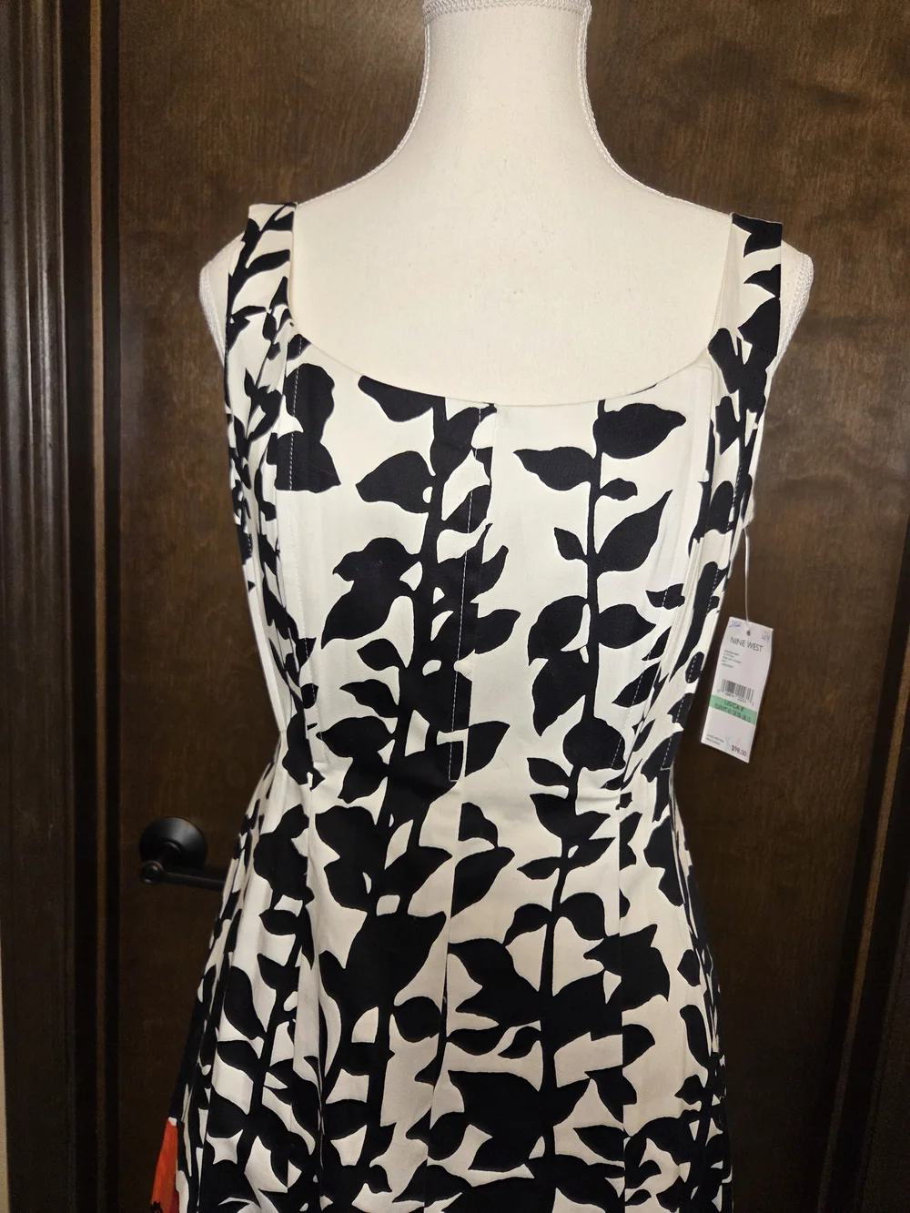 Nine West Black & White Floral Midi Dress with Red Floral Border NWT - Picture 3 of 14